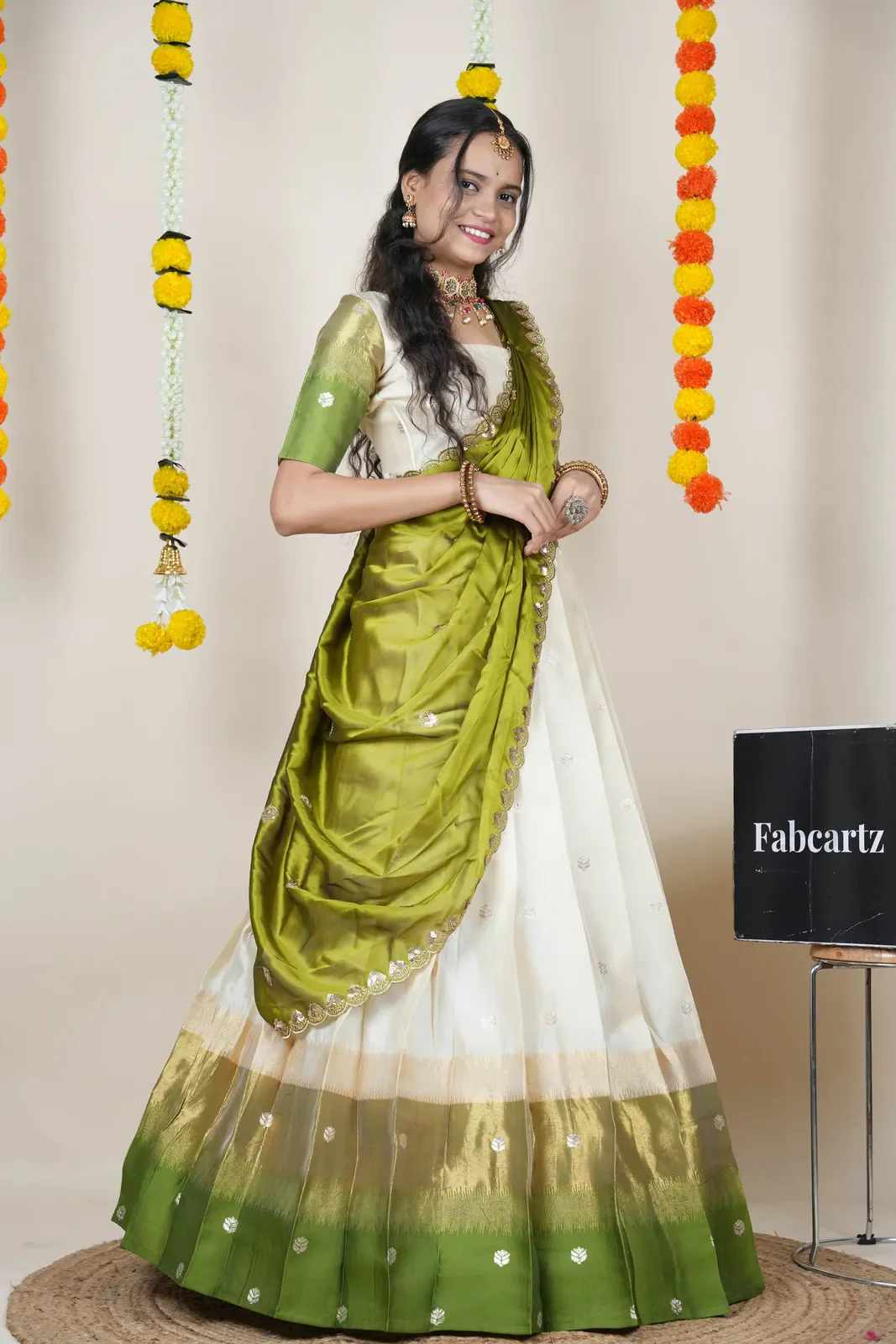 South Indian Festival Traditional Half Saree with Embroidered Blouse & Dupatta Adhira - Image 21