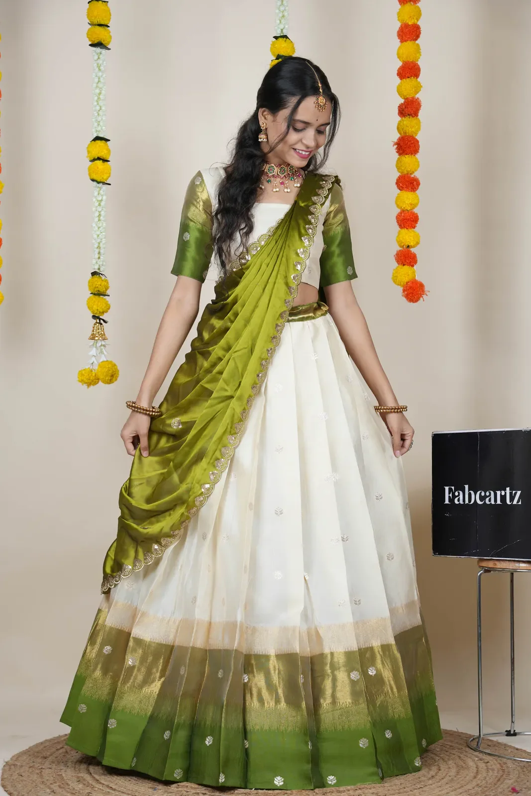 South Indian Festival Traditional Half Saree with Embroidered Blouse & Dupatta Adhira - Image 22