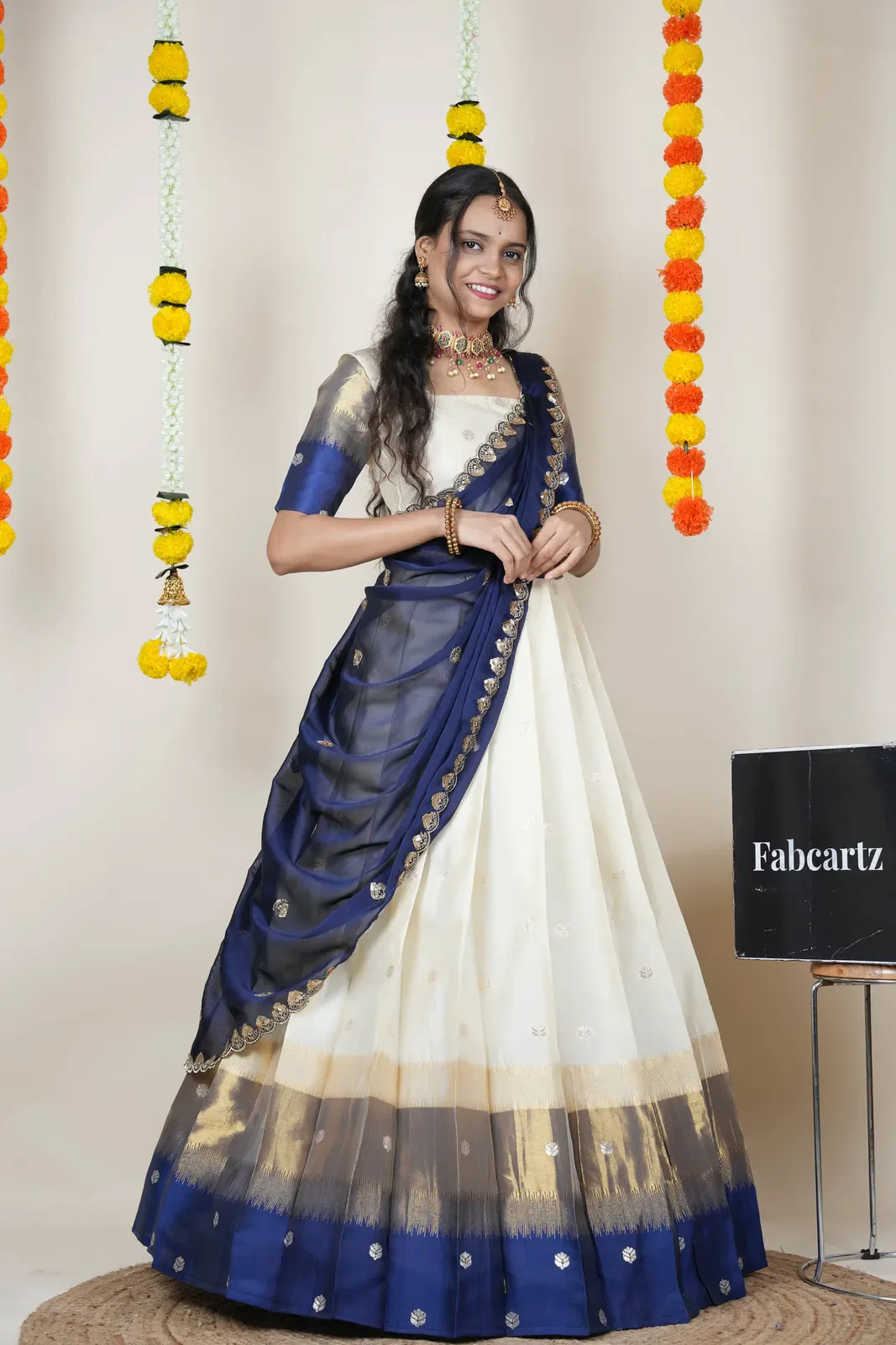 South Indian Festival Traditional Half Saree with Embroidered Blouse & Dupatta Adhira - Image 29