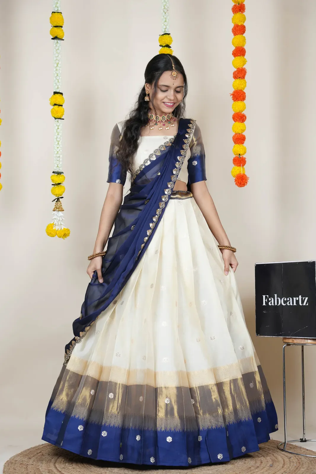 South Indian Festival Traditional Half Saree with Embroidered Blouse & Dupatta Adhira - Image 30