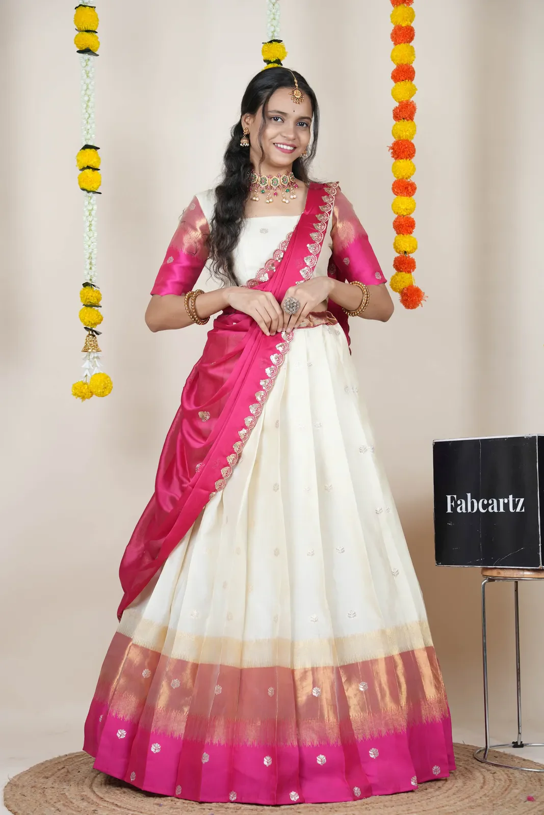 South Indian Festival Traditional Half Saree with Embroidered Blouse & Dupatta Adhira - Image 33