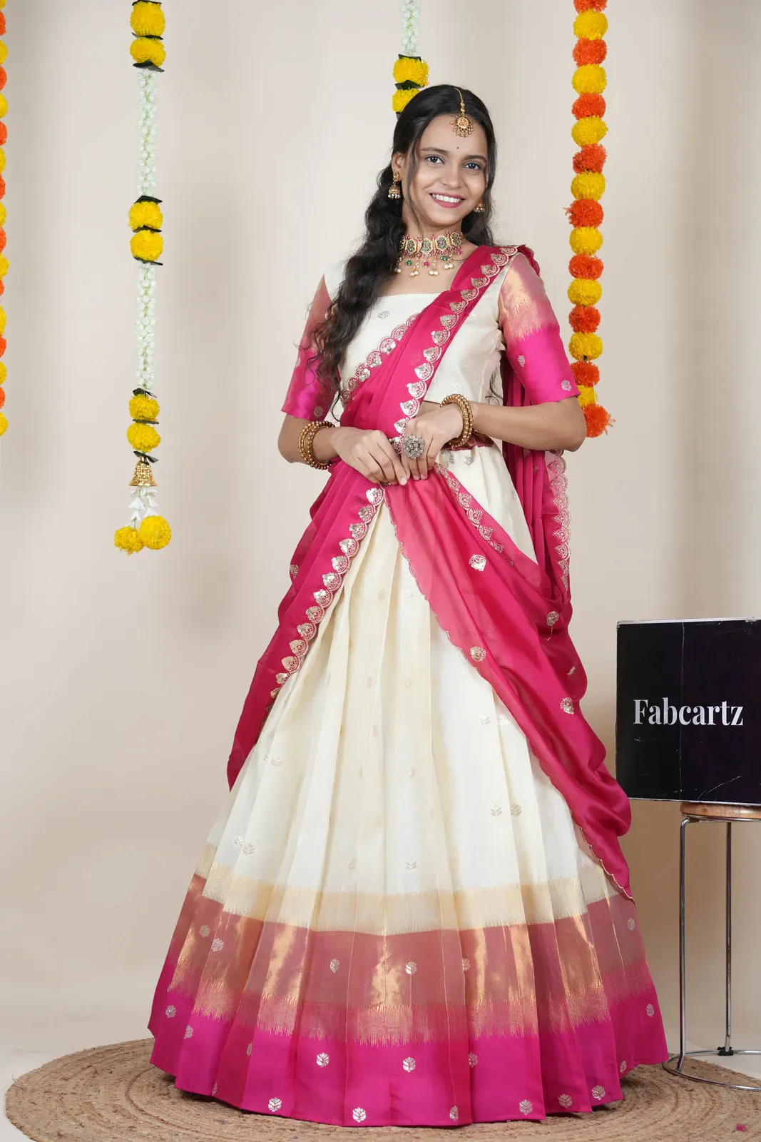 South Indian Festival Traditional Half Saree with Embroidered Blouse & Dupatta Adhira - Image 36