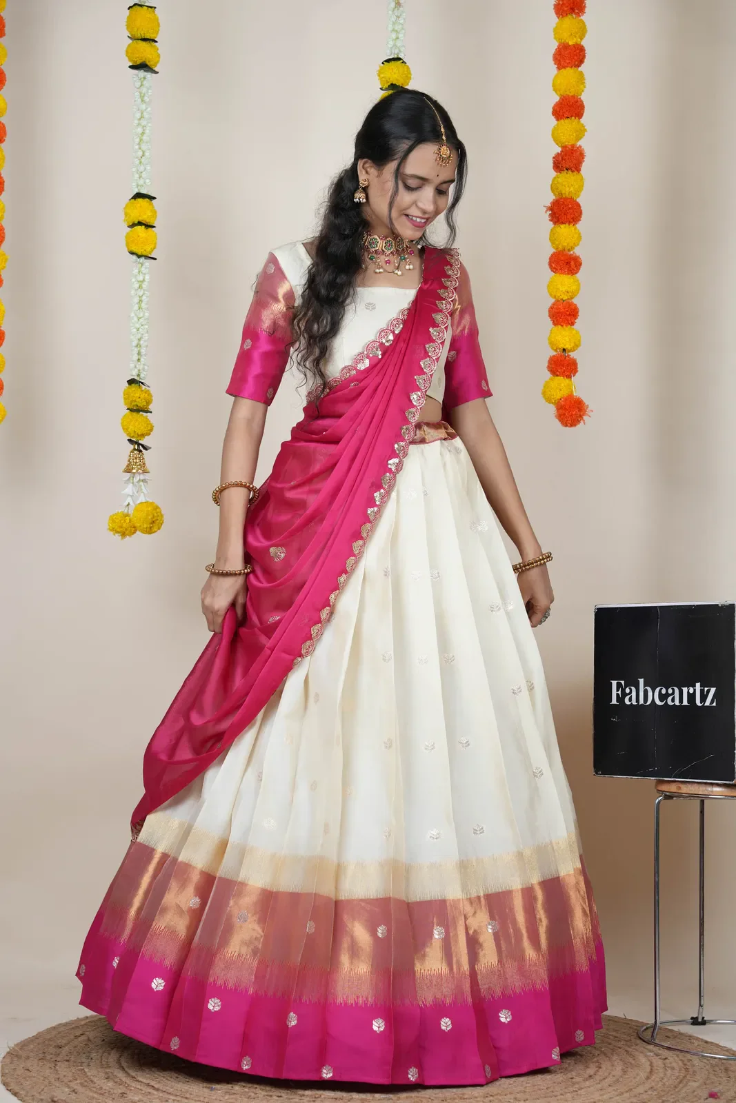 South Indian Festival Traditional Half Saree with Embroidered Blouse & Dupatta Adhira - Image 38