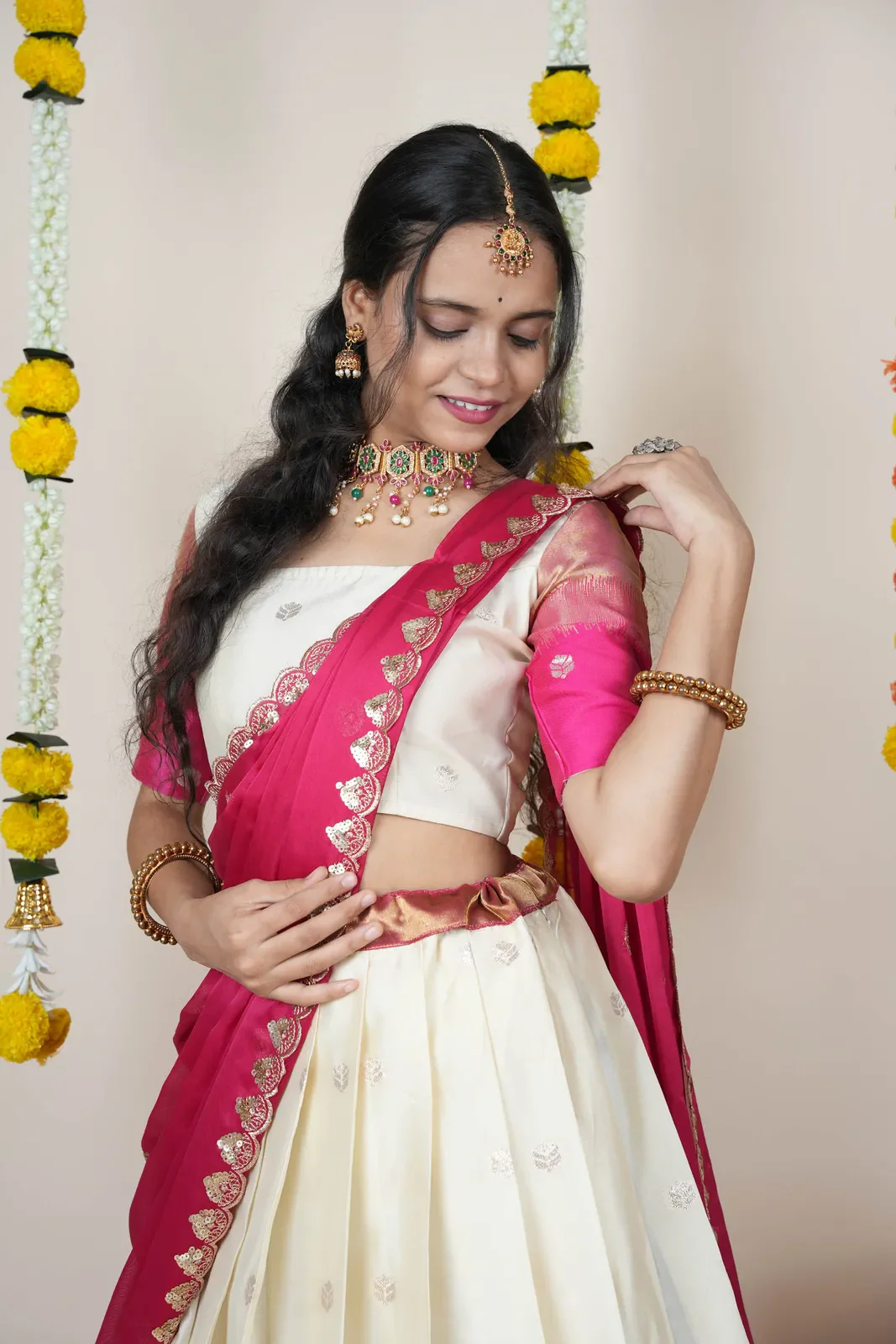 South Indian Festival Traditional Half Saree with Embroidered Blouse & Dupatta Adhira - Image 39
