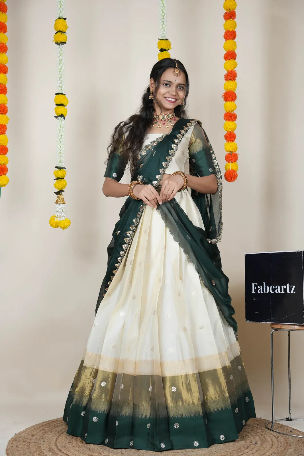 South Indian Festival Traditional Half Saree with Embroidered Blouse & Dupatta Adhira - Image 4