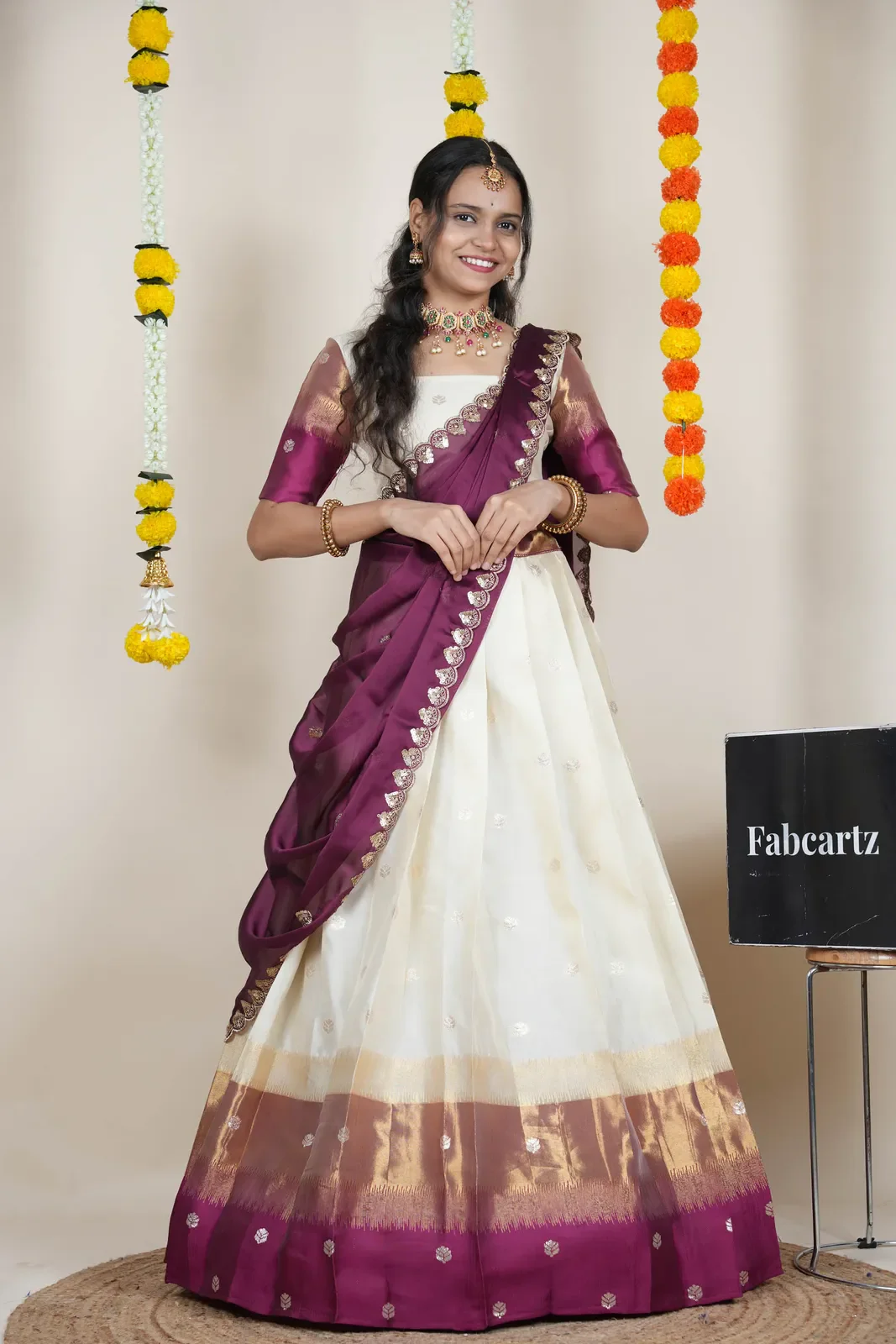 South Indian Festival Traditional Half Saree with Embroidered Blouse & Dupatta Adhira - Image 41