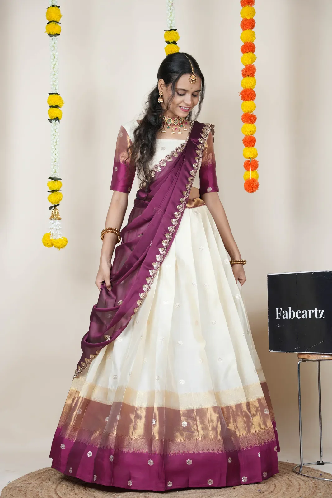 South Indian Festival Traditional Half Saree with Embroidered Blouse & Dupatta Adhira - Image 46