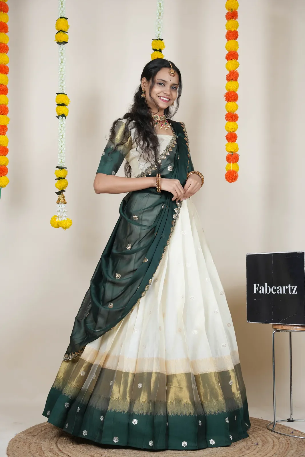 South Indian Festival Traditional Half Saree with Embroidered Blouse & Dupatta Adhira - Image 5