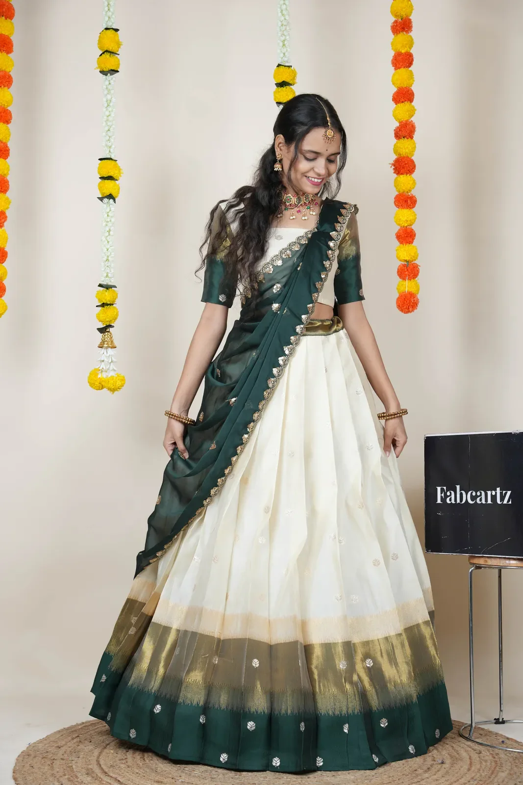 South Indian Festival Traditional Half Saree with Embroidered Blouse & Dupatta Adhira - Image 6