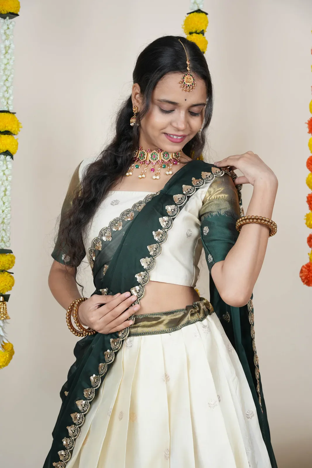 South Indian Festival Traditional Half Saree with Embroidered Blouse & Dupatta Adhira - Image 7