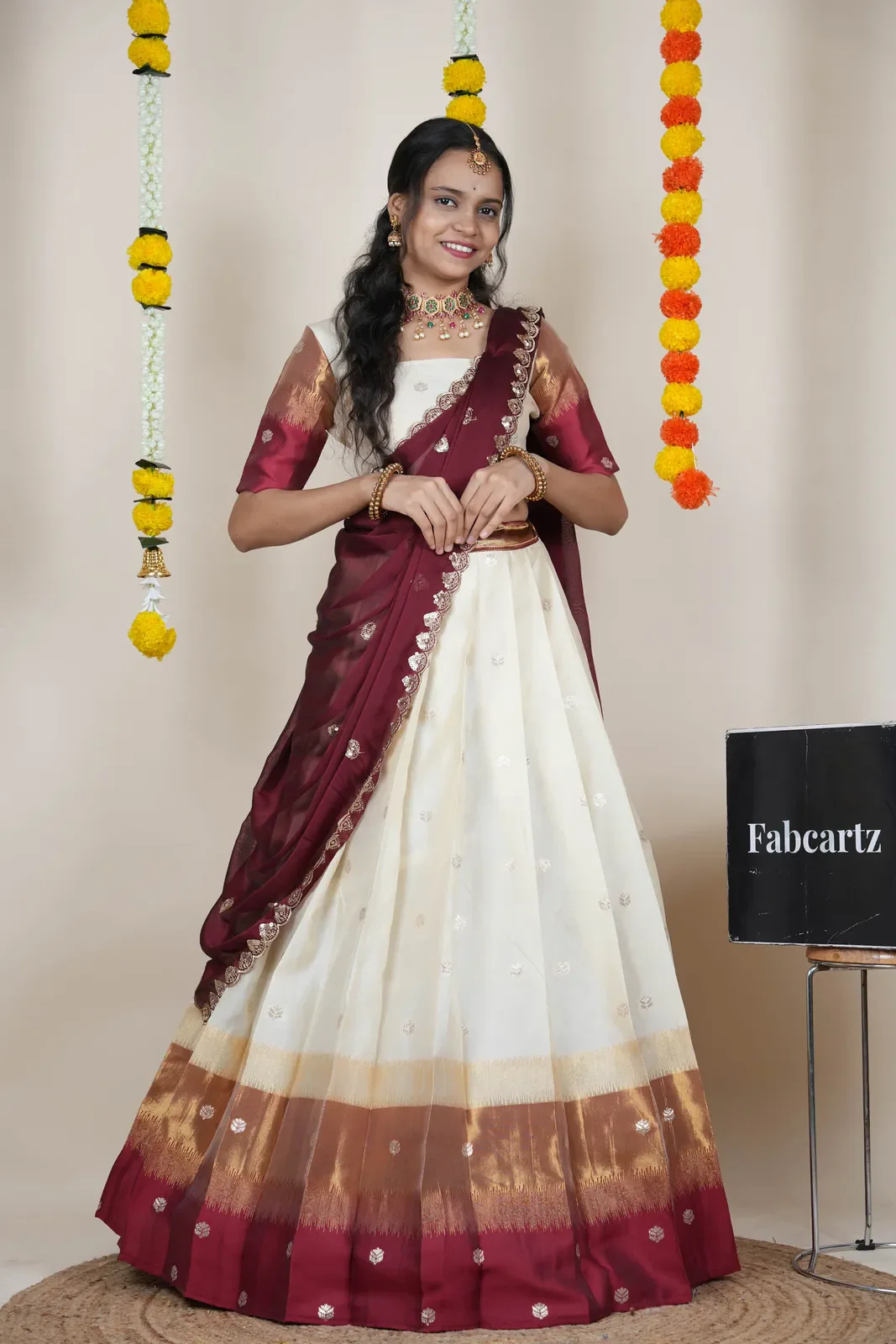 South Indian Festival Traditional Half Saree with Embroidered Blouse & Dupatta Adhira - Image 9