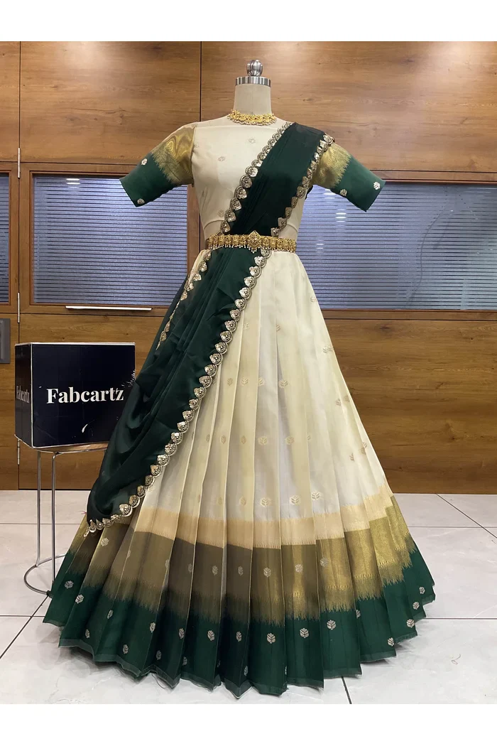 South Indian Festival Traditional Half Saree with Embroidered Blouse & Dupatta Adhira