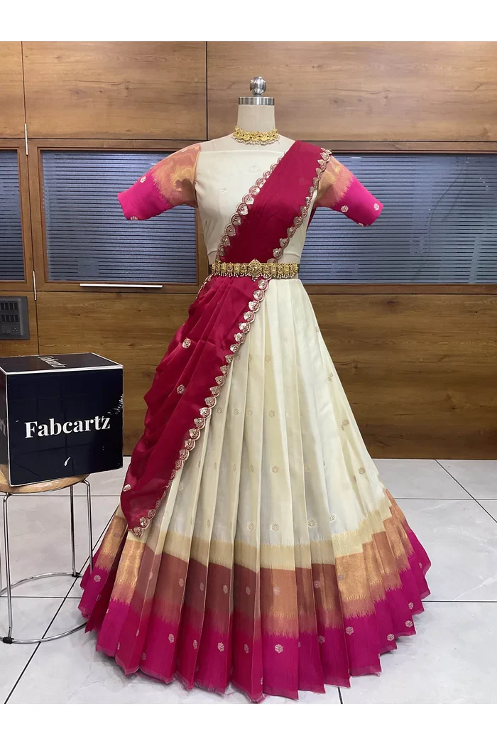 South Indian Festival Traditional Half Saree with Embroidered Blouse & Dupatta Adhira - Image 33