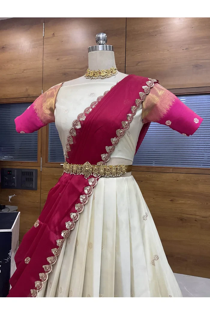 South Indian Festival Traditional Half Saree with Embroidered Blouse & Dupatta Adhira - Image 36