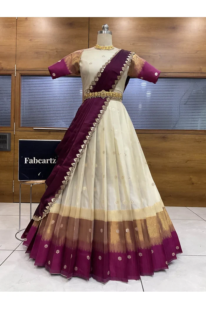 South Indian Festival Traditional Half Saree with Embroidered Blouse & Dupatta Adhira - Image 39