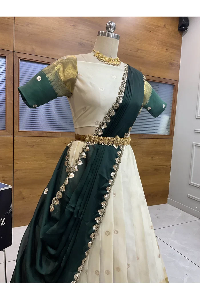 South Indian Festival Traditional Half Saree with Embroidered Blouse & Dupatta Adhira - Image 4