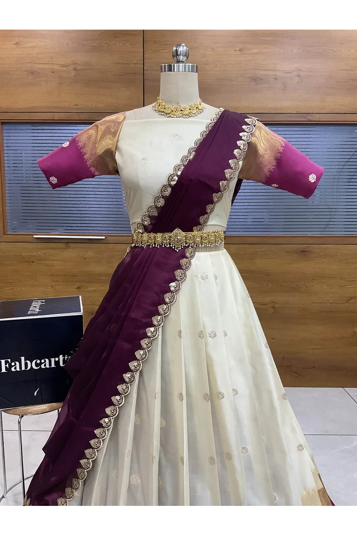 South Indian Festival Traditional Half Saree with Embroidered Blouse & Dupatta Adhira - Image 41