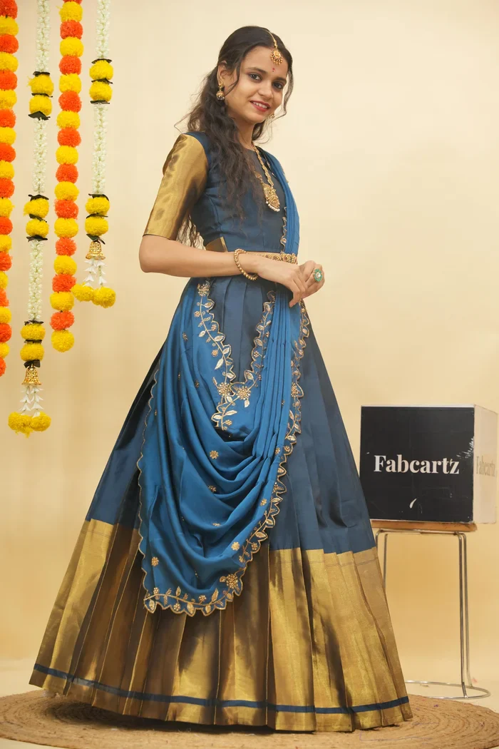 Women's Woven Design zari work Half Saree with Handwork Blouse and Dupatta Aghora - Image 13