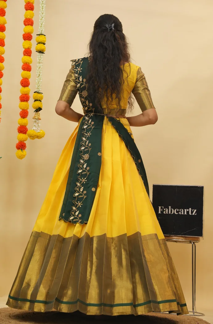 Women's Woven Design zari work Half Saree with Handwork Blouse and Dupatta Aghora - Image 2