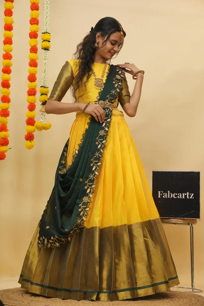 Women's Woven Design zari work Half Saree with Handwork Blouse and Dupatta Aghora - Image 3