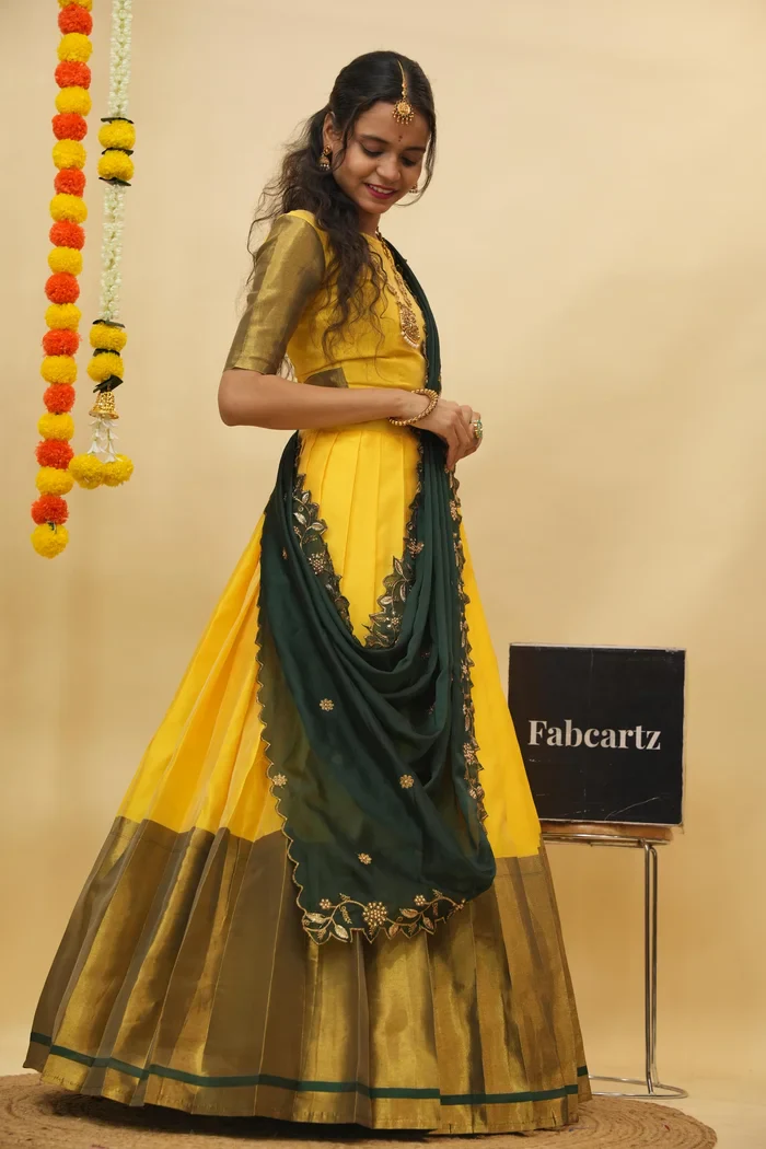Women's Woven Design zari work Half Saree with Handwork Blouse and Dupatta Aghora - Image 4