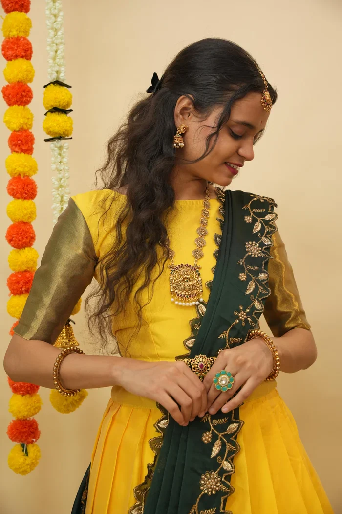 Women's Woven Design zari work Half Saree with Handwork Blouse and Dupatta Aghora - Image 5
