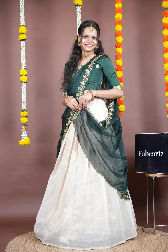 South Indian Festival Traditional Half Saree with Embroidered Blouse & Dupatta Amalkaya KV - Image 13