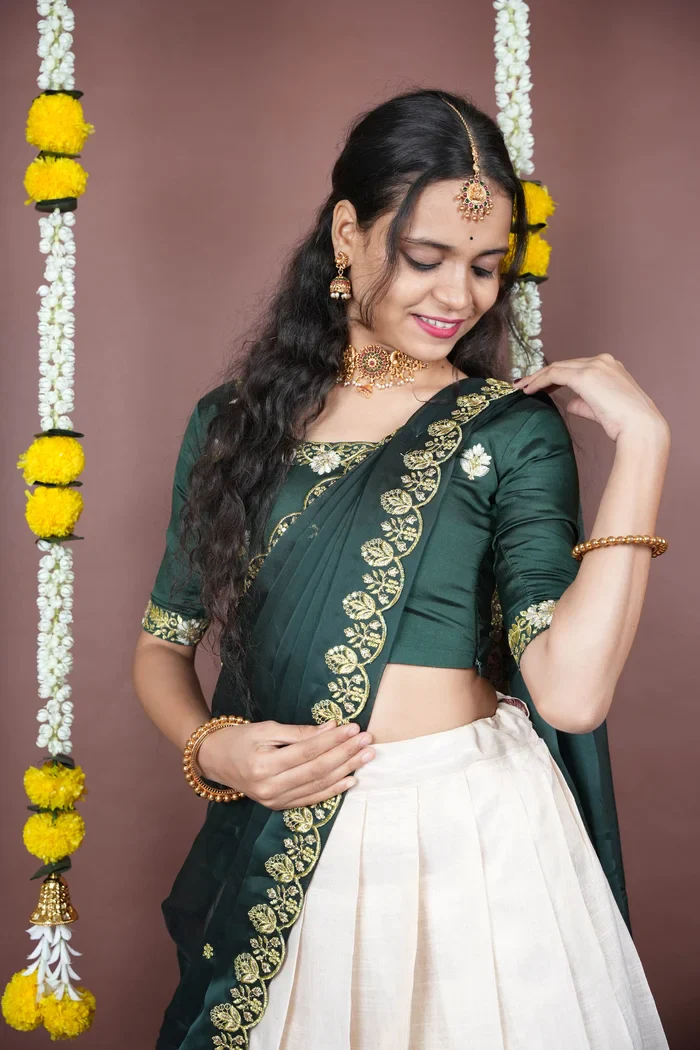 South Indian Festival Traditional Half Saree with Embroidered Blouse & Dupatta Amalkaya KV - Image 15