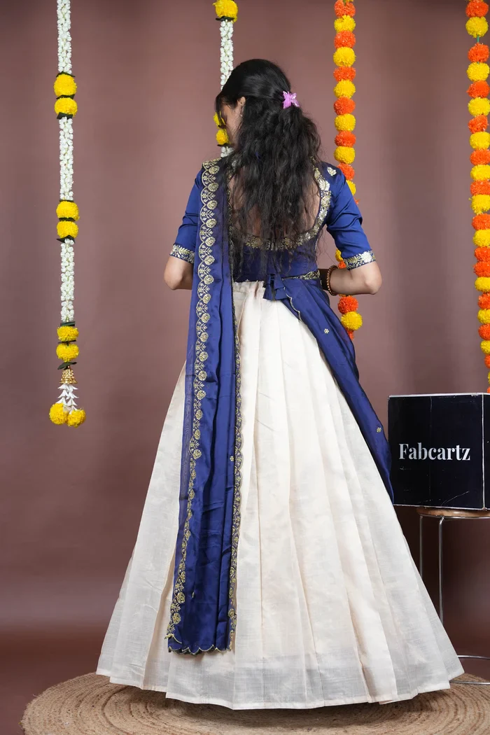 South Indian Festival Traditional Half Saree with Embroidered Blouse & Dupatta Amalkaya KV - Image 26