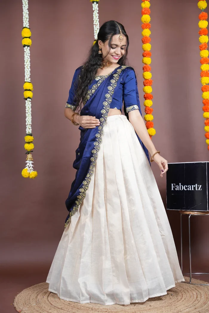 South Indian Festival Traditional Half Saree with Embroidered Blouse & Dupatta Amalkaya KV - Image 27