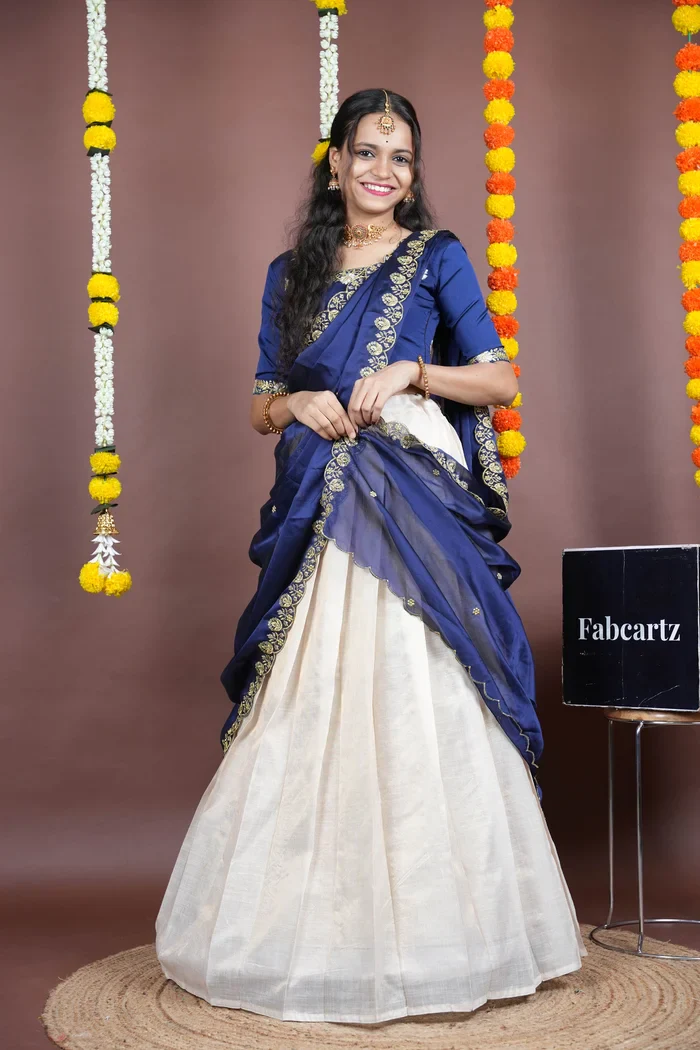 South Indian Festival Traditional Half Saree with Embroidered Blouse & Dupatta Amalkaya KV - Image 29