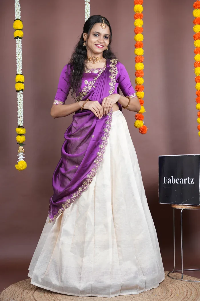 South Indian Festival Traditional Half Saree with Embroidered Blouse & Dupatta Amalkaya KV - Image 33