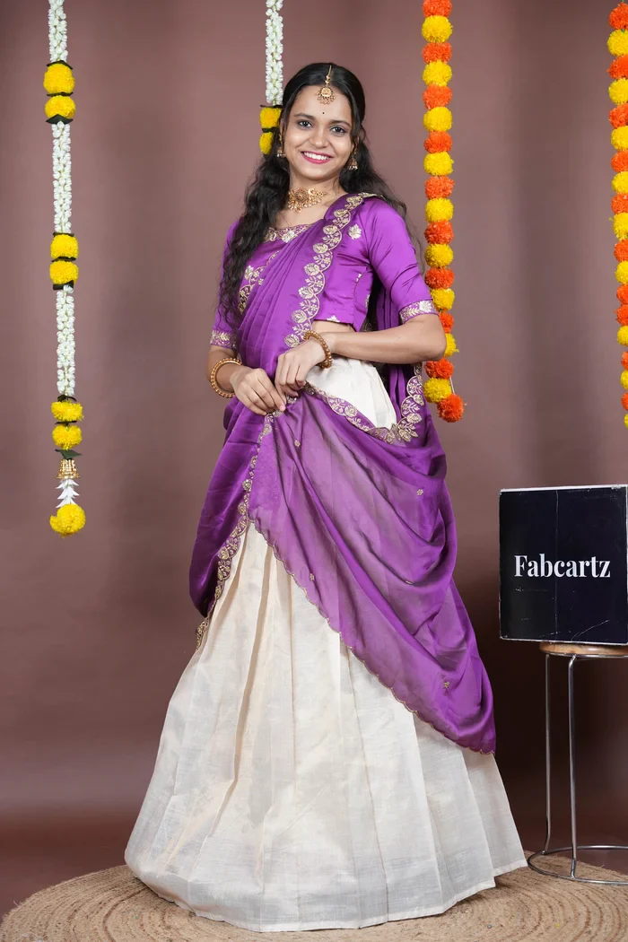 South Indian Festival Traditional Half Saree with Embroidered Blouse & Dupatta Amalkaya KV - Image 37