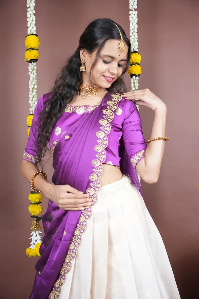 South Indian Festival Traditional Half Saree with Embroidered Blouse & Dupatta Amalkaya KV - Image 39