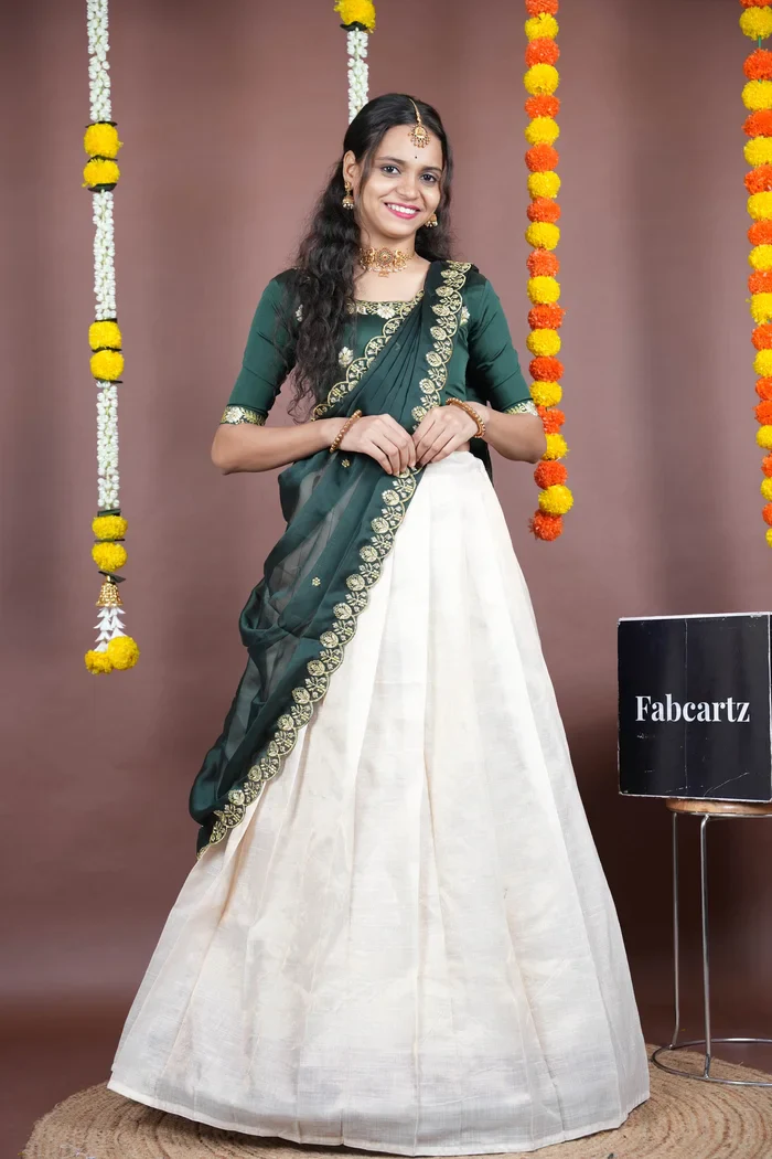 South Indian Festival Traditional Half Saree with Embroidered Blouse & Dupatta Amalkaya KV - Image 50
