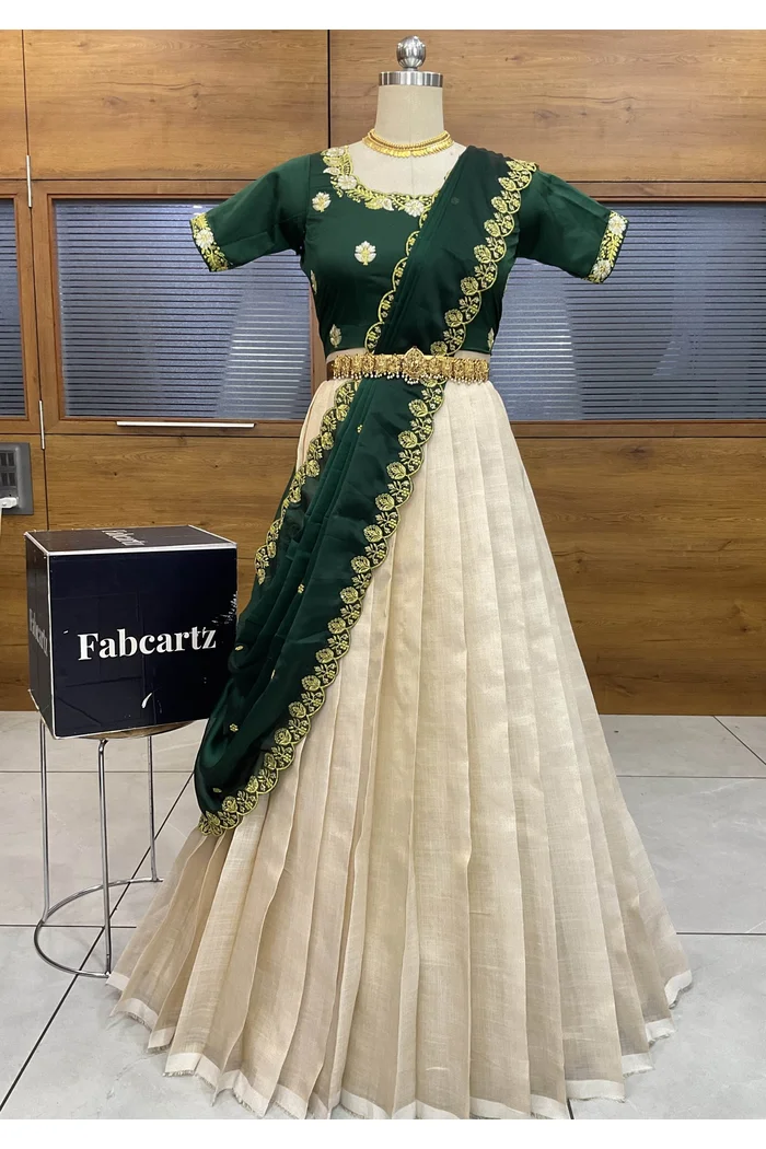 South Indian Festival Traditional Half Saree with Embroidered Blouse & Dupatta Amalkaya - Image 30