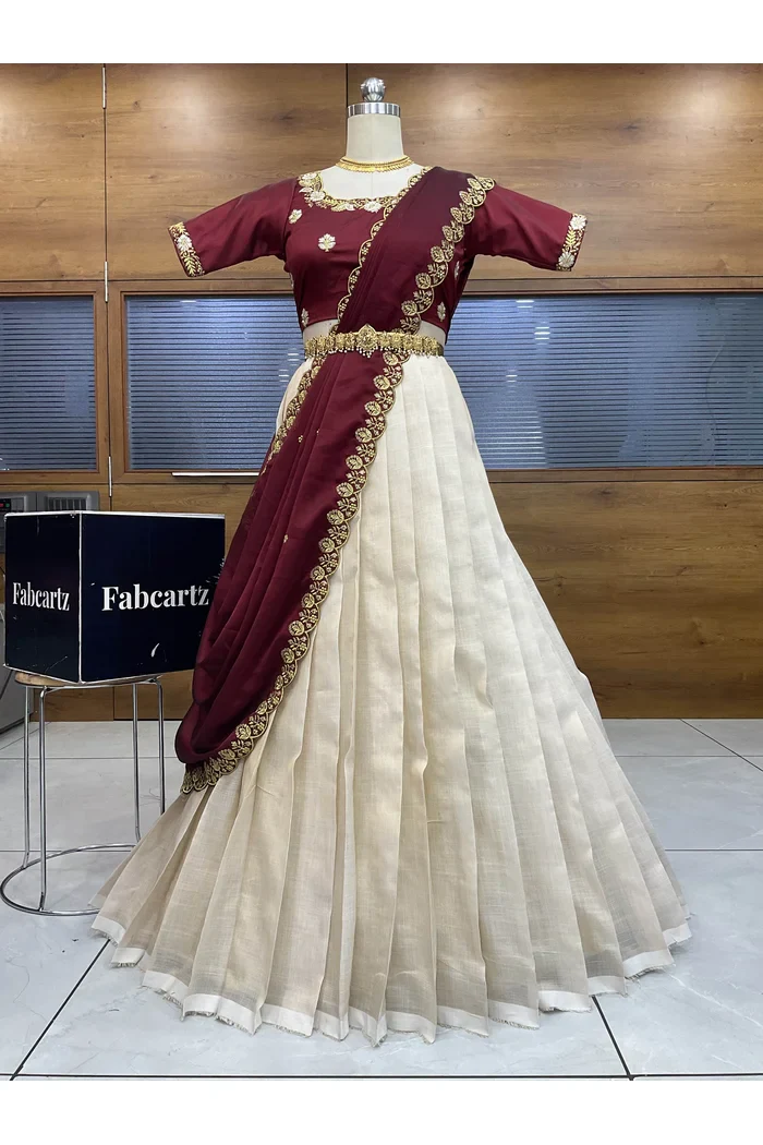 South Indian Festival Traditional Half Saree with Embroidered Blouse & Dupatta Amalkaya - Image 39