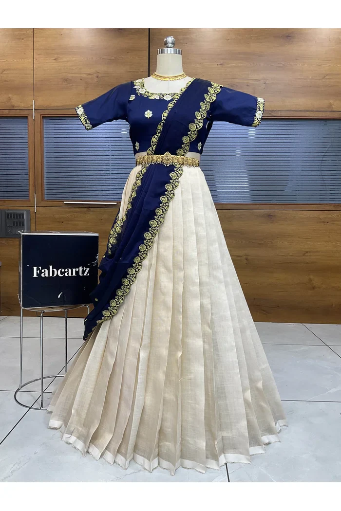 South Indian Festival Traditional Half Saree with Embroidered Blouse & Dupatta Amalkaya - Image 48