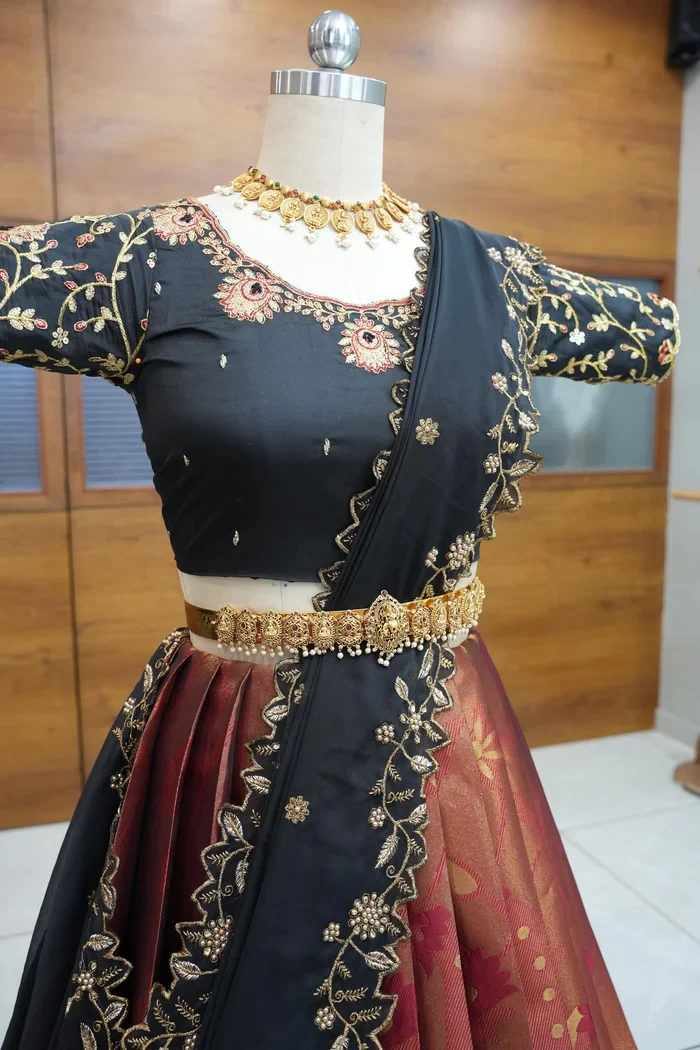 Women's Woven Design zari work Half Saree with Handwork Blouse and Dupatta Aparna - Image 32