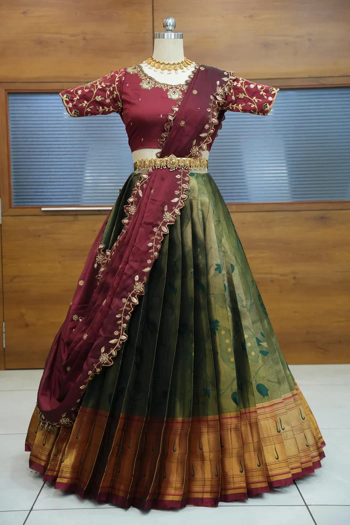 Women's Woven Design zari work Half Saree with Handwork Blouse and Dupatta Aparna - Image 8