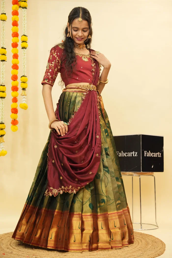 Women's Woven Design zari work Half Saree with Handwork Blouse and Dupatta Aparna - Image 11