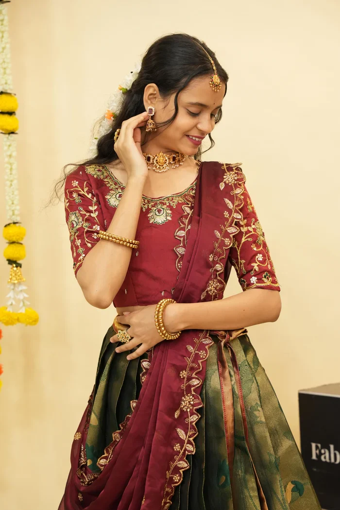 Women's Woven Design zari work Half Saree with Handwork Blouse and Dupatta Aparna - Image 12