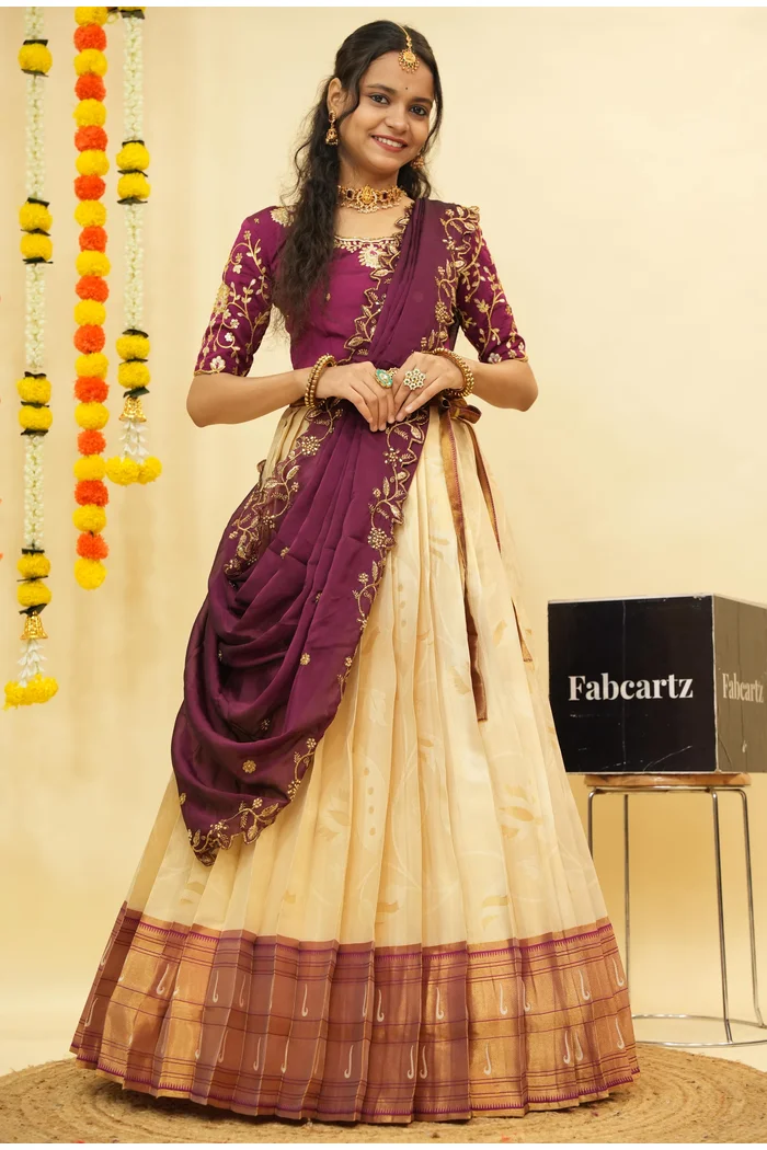 Women's Woven Design zari work Half Saree with Handwork Blouse and Dupatta Aparna - Image 17