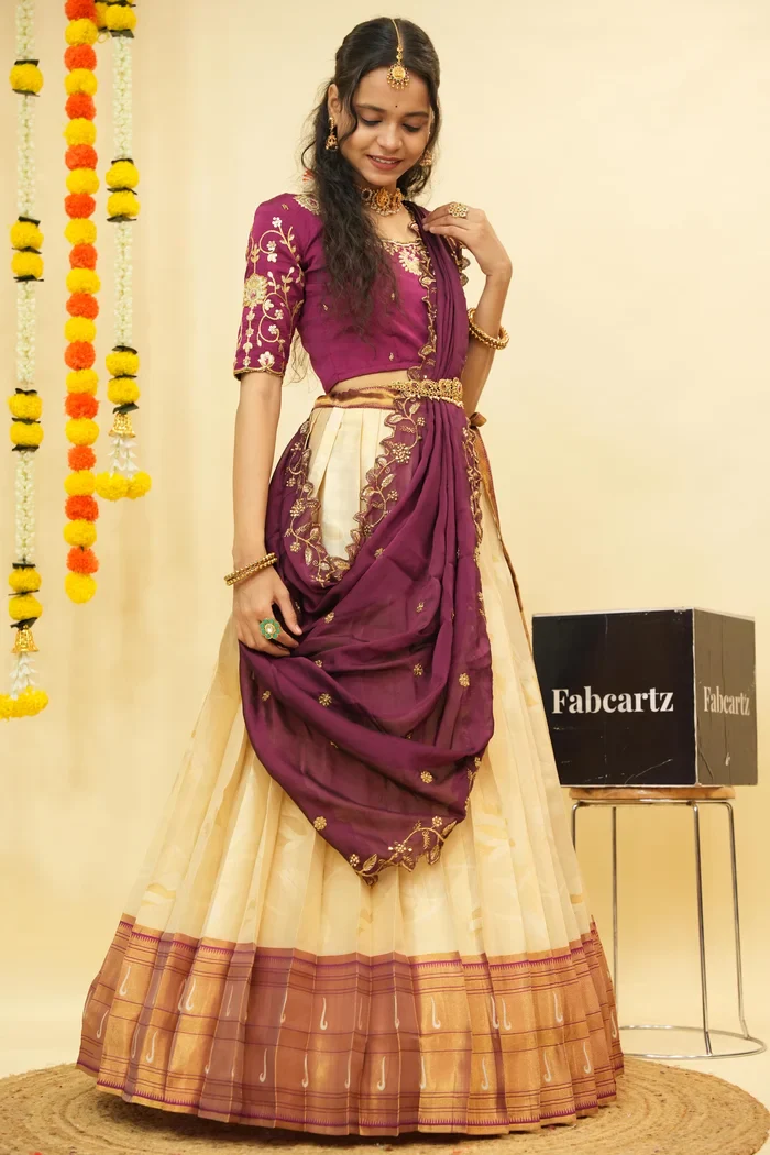Women's Woven Design zari work Half Saree with Handwork Blouse and Dupatta Aparna - Image 19