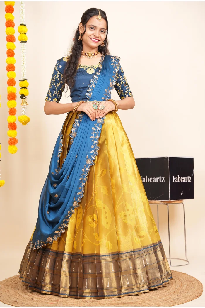 Women's Woven Design zari work Half Saree with Handwork Blouse and Dupatta Aparna - Image 25