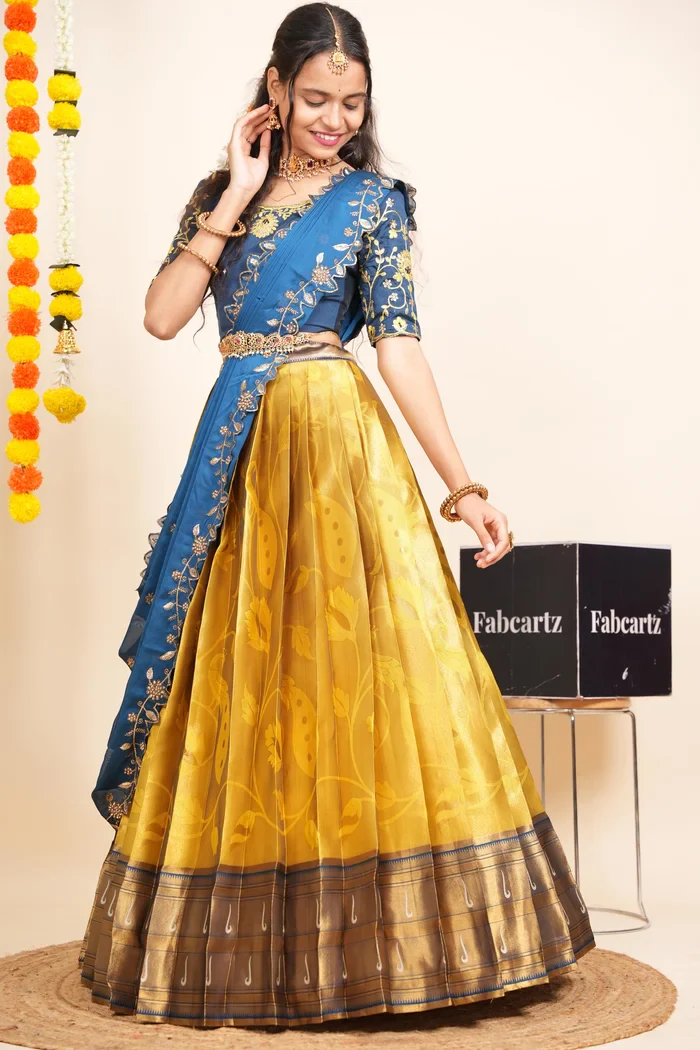 Women's Woven Design zari work Half Saree with Handwork Blouse and Dupatta Aparna - Image 27