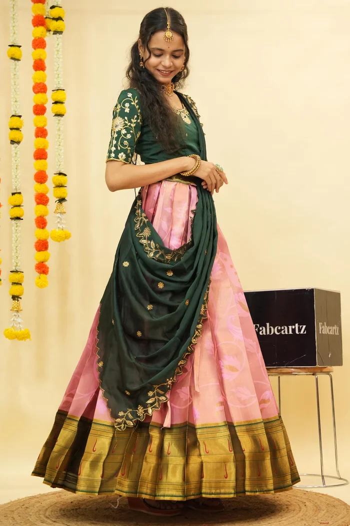 Women's Woven Design zari work Half Saree with Handwork Blouse and Dupatta Aparna - Image 3