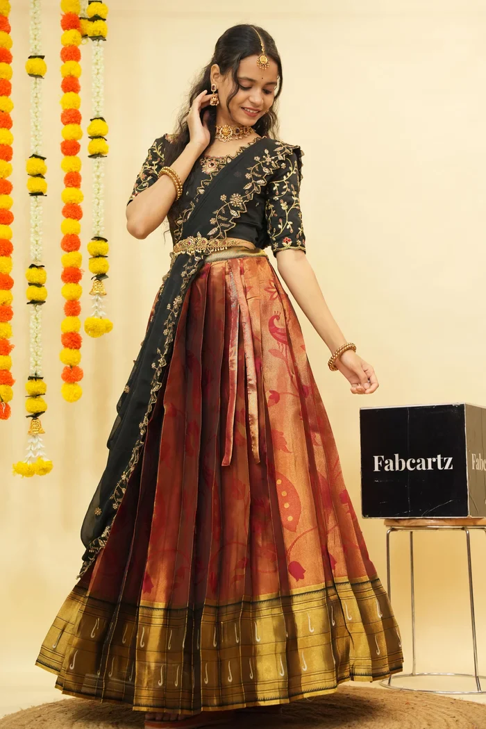 Women's Woven Design zari work Half Saree with Handwork Blouse and Dupatta Aparna - Image 36