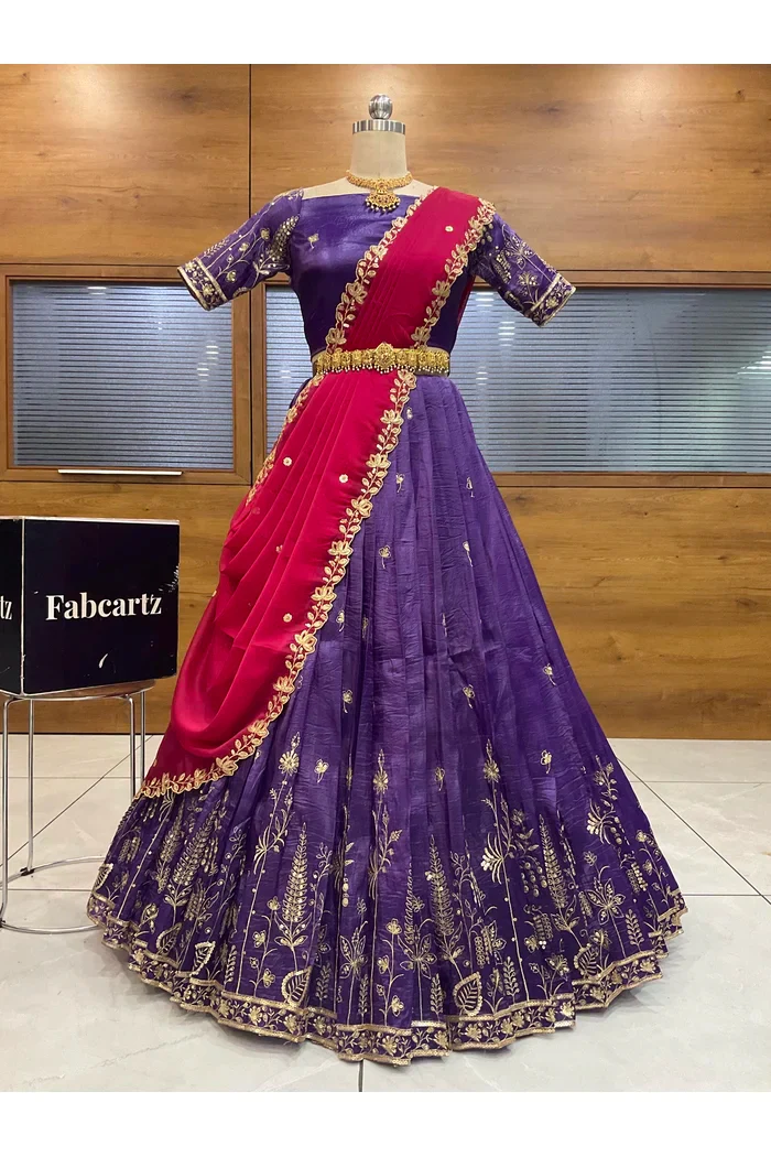 Beautiful South Indian Style Gold Crush Half Saree with Embroidery Blouse and Dupatta for Women | Chahana