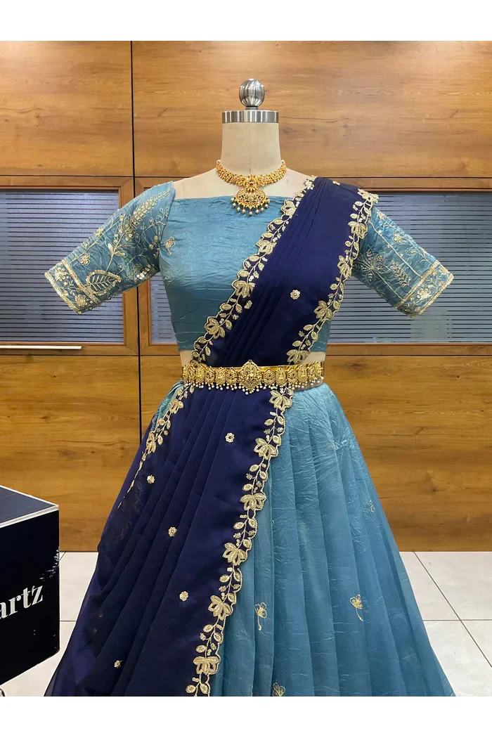Beautiful South Indian Style Gold Crush Half Saree with Embroidery Blouse and Dupatta for Women | Chahana - Image 10